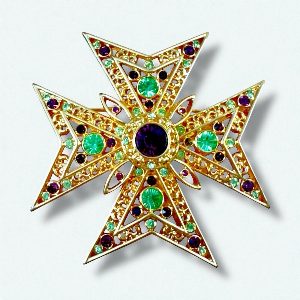 Nolan Miller Maltese Cross Brooch Pin Signed Gold Tone Purple/Green Glow